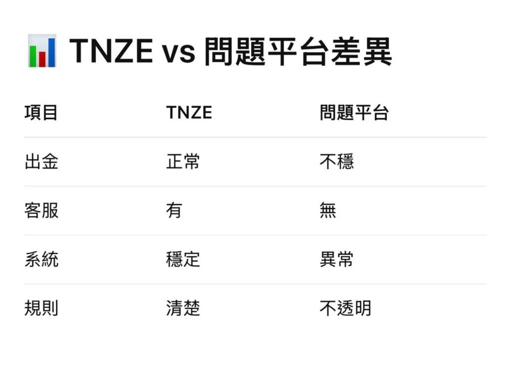 TNZE娛樂城 V S 問題平台差異